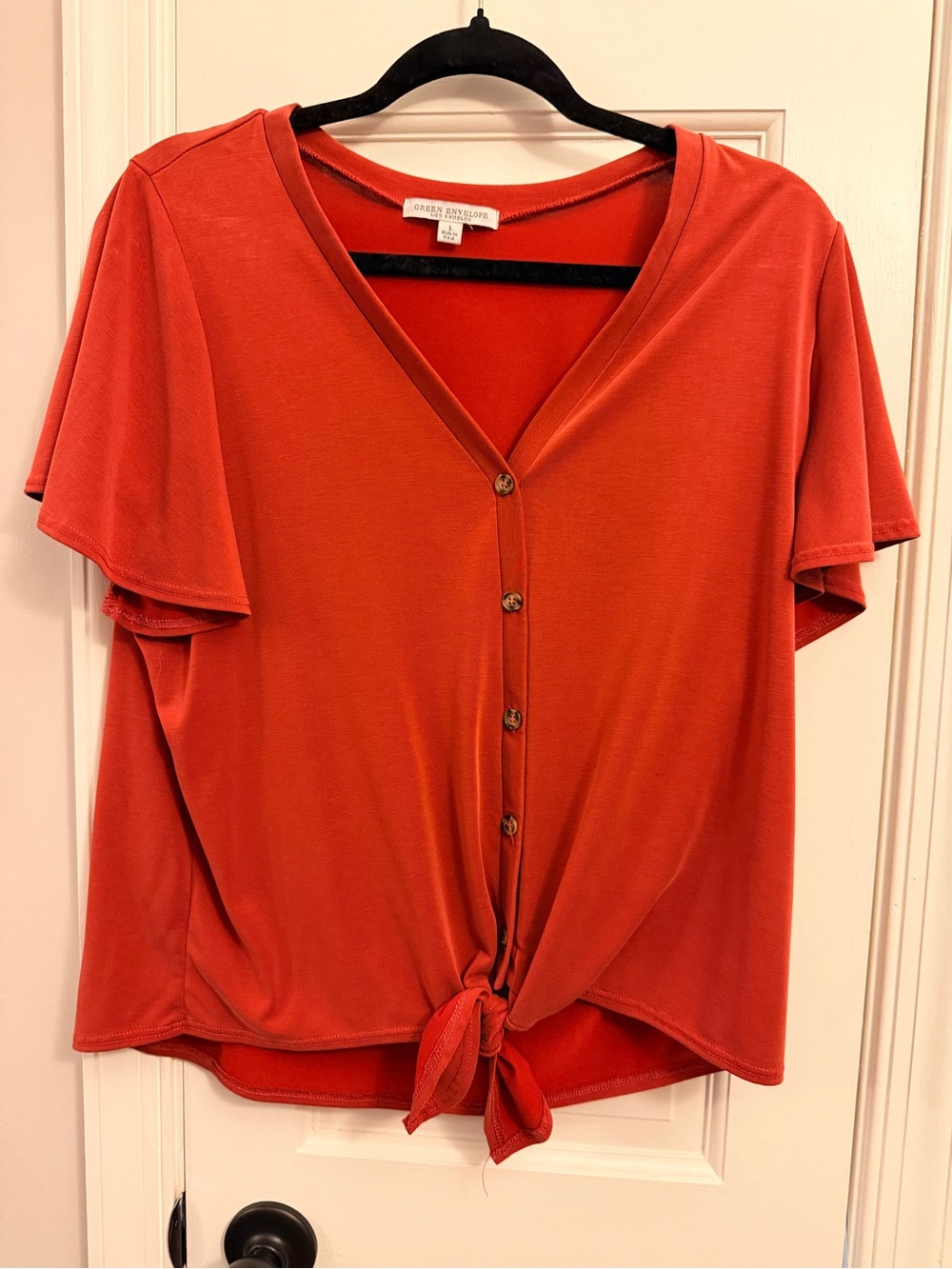 Green Envelope Rust Tie-Front V-Neck Button Top